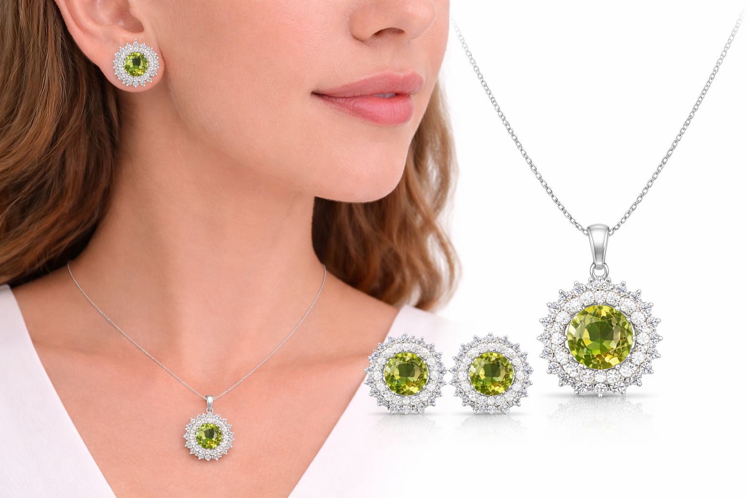 YEŞİL TAŞLI KOLYE KÜPE SET 925 AYAR GÜMÜŞ